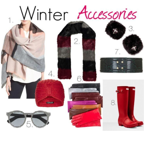Winter accessories woolen scarf, wintercap, gloves, winter boots, goggles